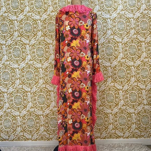 NWT CeliaB Gongga Orange Floral Fringe Trim Long Sleeve Maxi Dress Sz M RARE - Picture 10 of 16